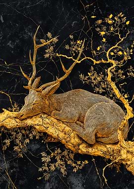 Golden Deer Sleeping on a Branch