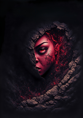 Demonic Woman Peeking Through Rock