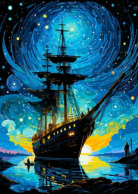 Pirate Ship Under Starry Night Sky