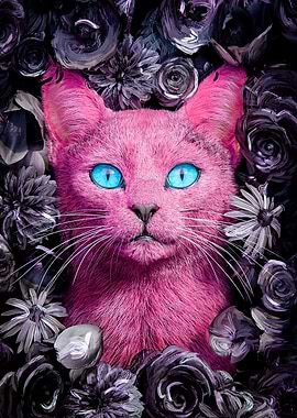 Pink Cat with Blue Eyes Surrounded by Flowers