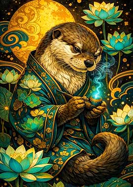 Otter Smoking Pipe with Lotus Flowers