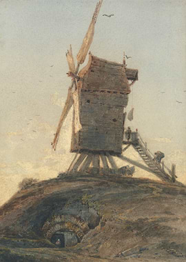 Watercolor of a Rustic Windmill on a Hill