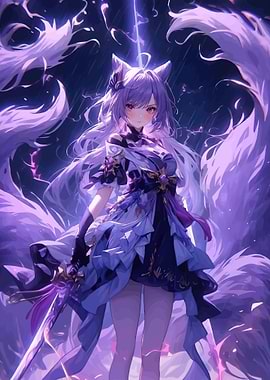 Anime Girl with Fox Tails and Sword