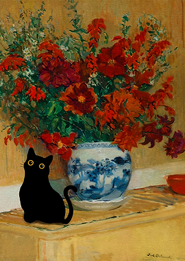 Black Cat with Flowers in Vase
