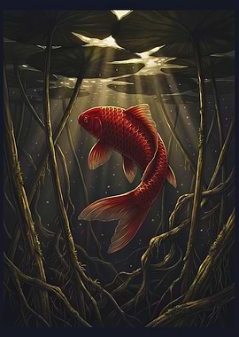 Red Koi in Dark Water Roots