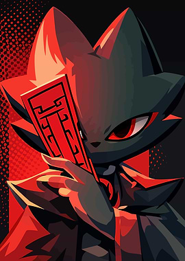 Mysterious Black Cat Character with Red Fan