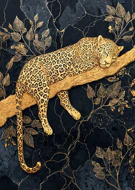 Golden Sleeping Leopard Marble Illustration