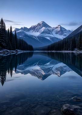 Snowy Mountains Reflected in a Calm Lake