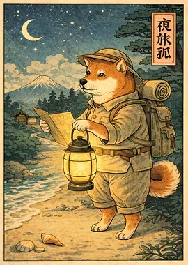 Shiba Inu Explorer with Lantern and Map