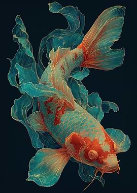 Elegant Koi Fish with Flowing Teal Ribbons
