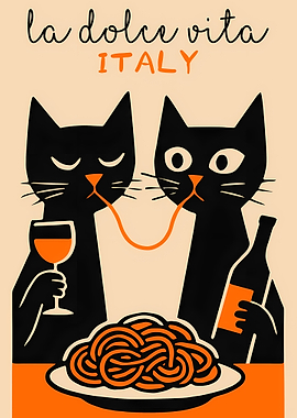 Cats Sharing Spaghetti in Italy