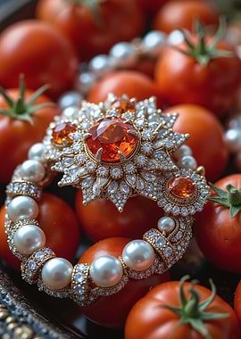 Ornate Brooch with Pearls and Gems on Tomatoes