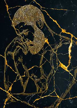Golden Thinking Man Marble Art