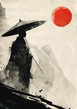 Monk with Umbrella and Red Sun