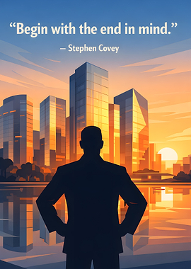 Businessman overlooking city at sunset