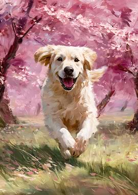 Golden Retriever Running Through Cherry Blossoms