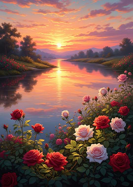 Roses by the River at Sunset