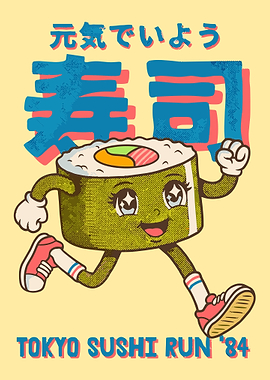 Running Sushi Poster, Cute Kawaii Sushi Character Art, Japanese Food Cartoon Wall Print