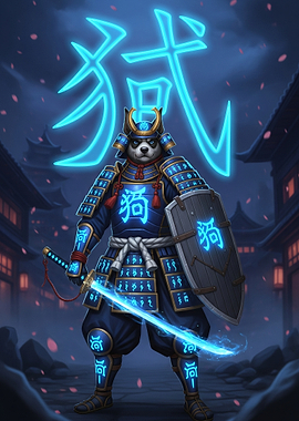 Panda Samurai with Neon Kanji