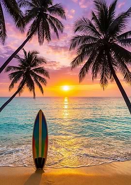 Tropical Beach Sunset with Surfboard