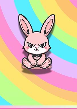 Angry Pink Bunny on Rainbow Background