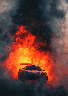 Burning Race Car in Explosion