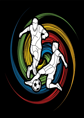 Soccer players on colorful swirl background