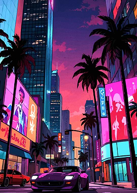 Retro Cityscape with Sports Car