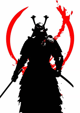 Samurai Warrior Silhouette with Red Circle
