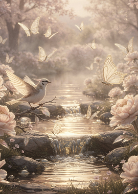 Enchanting Bird and Butterflies by a Stream