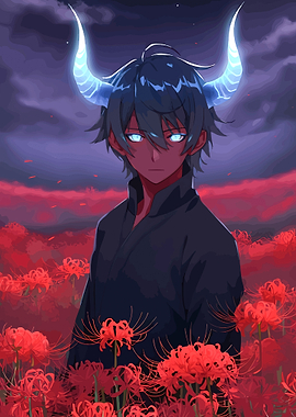 Demon Boy in Red Flower Field