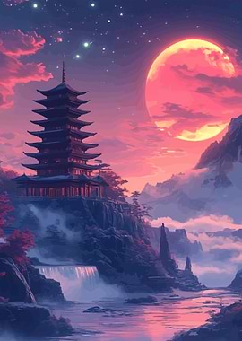 Pagoda Under a Pink Moon