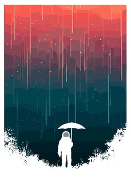 Astronaut Umbrella Poster, Surreal Space Rain Art, Sci Fi Cosmic Landscape Wall Print