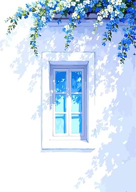 Window with Blue Flowers and Shadows