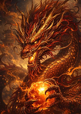 Fiery Dragon Holding a Glowing Orb