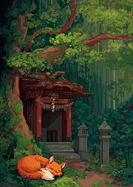 Sleeping Fox at Japanese Shrine