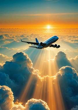 Airplane flying through clouds at sunset