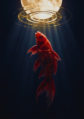 Red Koi Under Moonlit Ripples
