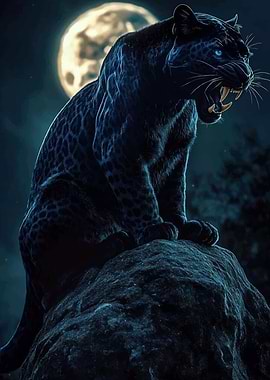 Black Panther Roaring Under the Moon