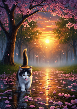 Kitten in Cherry Blossom Rain