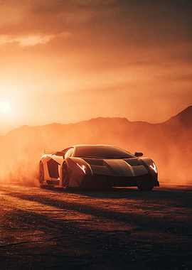 Sports car driving in desert sunset