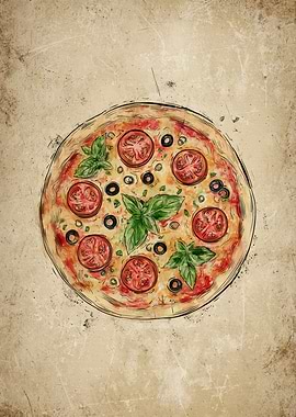 Hand-drawn Pizza with Tomatoes and Basil
