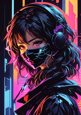 Cyberpunk Girl with Headphones and Mask