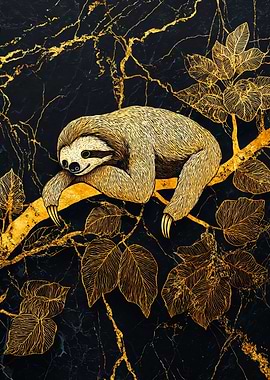 Golden Sloth Resting On Tree