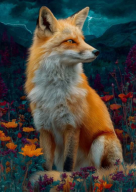 Fox in a stormy floral landscape