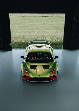 Green Lamborghini Supercar in Hangar