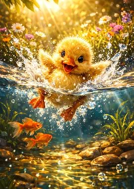 Cute Duckling Splashing in Water with Goldfish