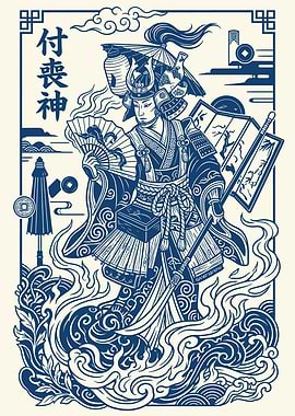Samurai Warrior with Fan and Lanterns