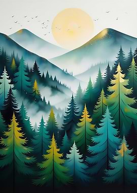 Misty Sunrise Over Pine Forest