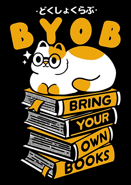 Bring Your Own Books Poster, Cute Reading Cat Wall Art, Book Lover Library Print